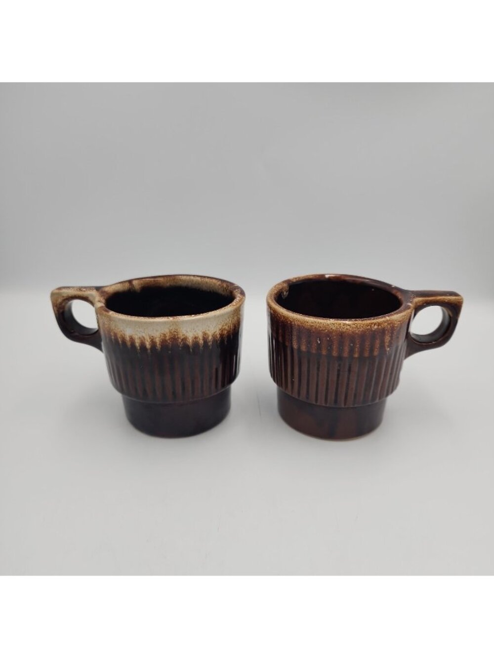 Monmouth Brown Drip Coffee Mugs Cup Stackable Maple Leaf USA Pottery Set Of 2